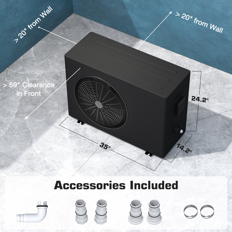 35,000 Btu Pool Heat Pump With Remote App Control, High-efficiency Pool Heater For Above Ground & Inground Pools, Up To 15,900 Gallons, 220-240v