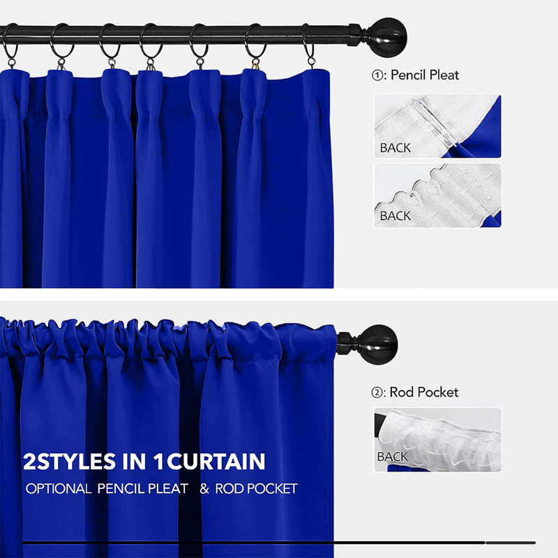 Blackout Pencil Pleat Curtains - Thermal Insulated, Light Blocking Window Drapes, Navy, 228cm Width x 228cm Drop