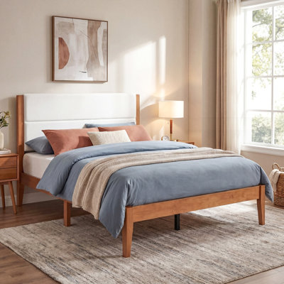 Mid-Century Modern Platform Bed Frame with Upholstered Headboard