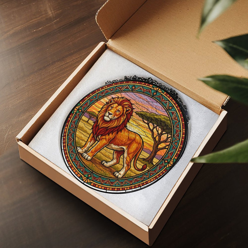 Panneau de vitrail en métal Lion, 7,8 x 7,8 po (20 x 20 cm)