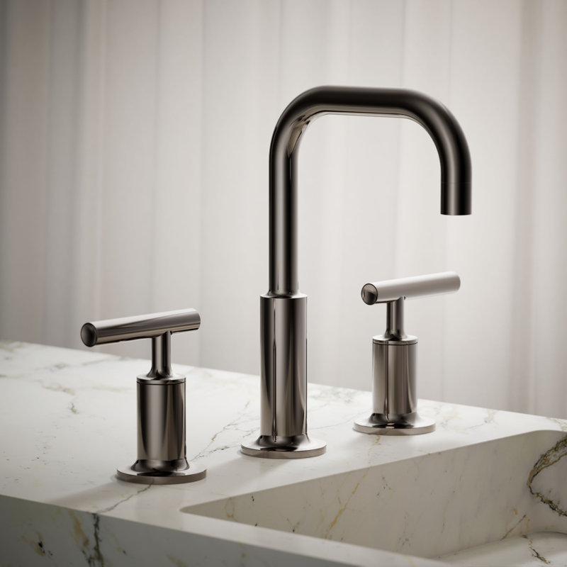 Purist® Widespread Faucet with Drain Assembly Low Lever Handles and Low Gooseneck Spout, Vibrant Titanium