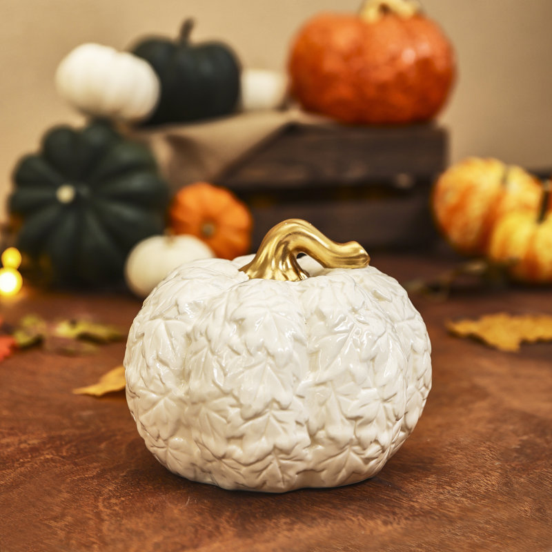 Karaca Halloween Pumpkin Ceramic Decorative Trinket, 17cm, White/Gold