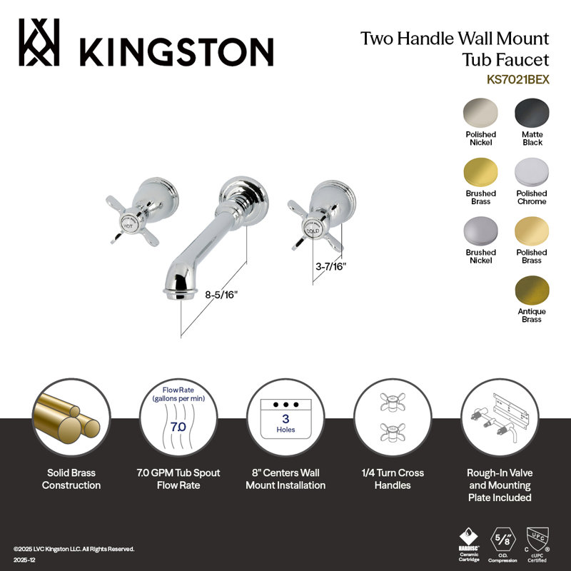 Kingston Brass Essex Two-Handle 3-Hole Wall Mount Roman Tub Faucet, Antique Brass