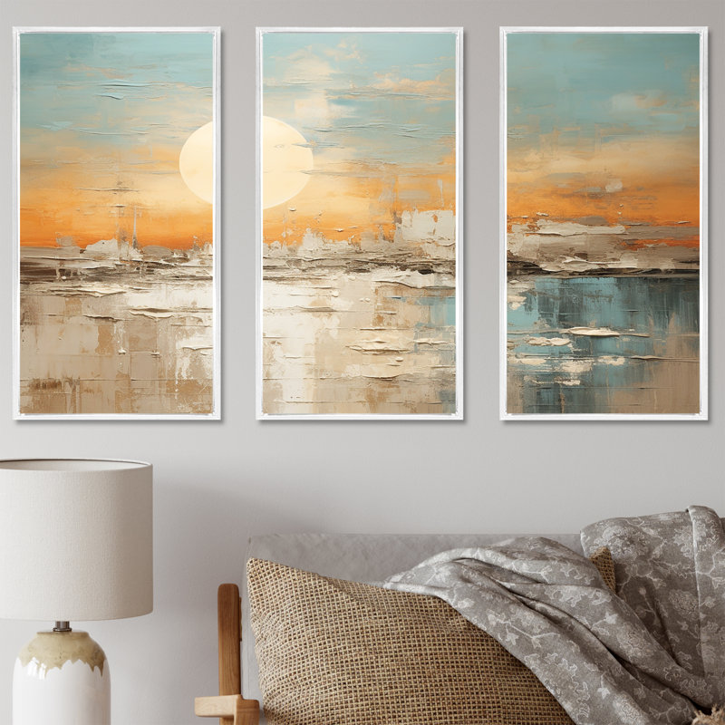 Coucher de soleil beige et plage dorée - ensemble d'art mural coucher de soleil côtier, H 40 po x l 60 po x P 1 po