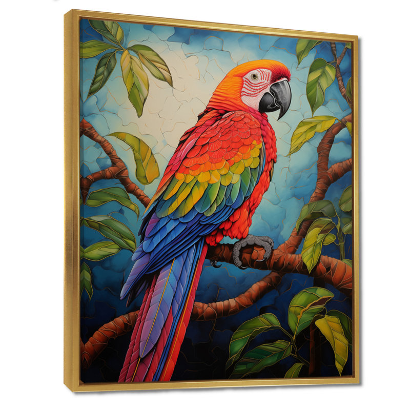Perroquet rouge et vert dans la jungle africaine II, Cadre doré flottant, bois massif, H 32 po x l 16 po