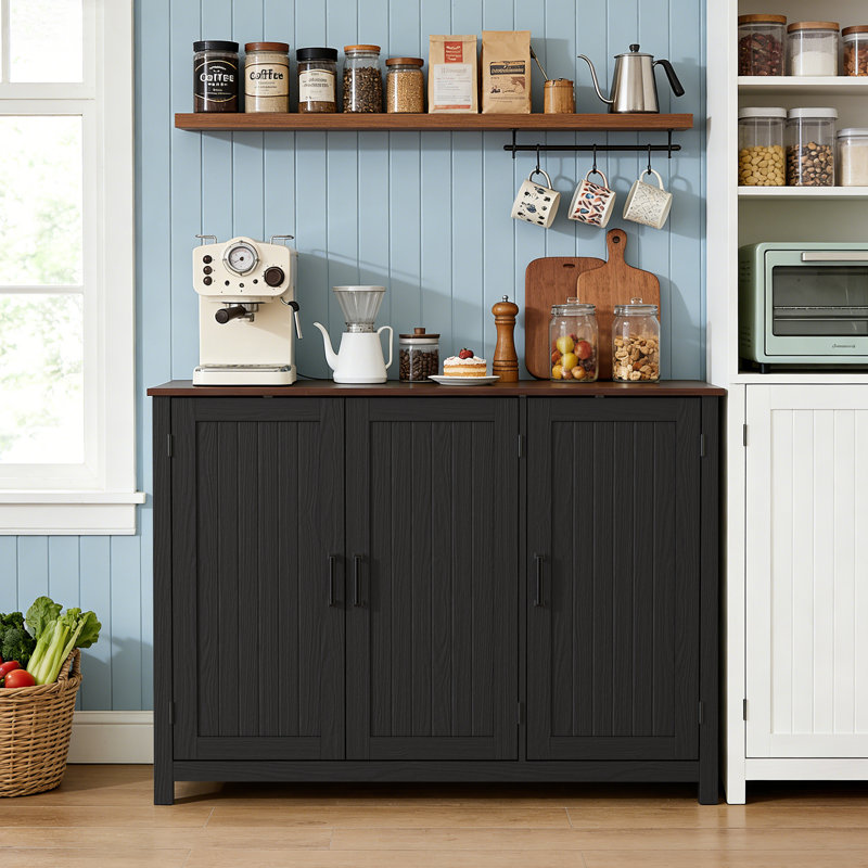 47.2" Farmhouse Buffet Cabinet With Storage, Kitchen Storage Cabinet With Doors And Adjustable Shelves, Rustic Kitchen Credenza, Wooden Sideboard Cabinet For Kitchen, Black