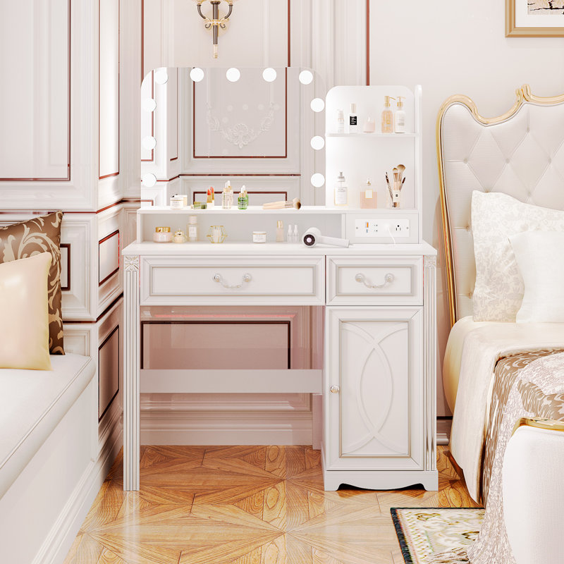 Vanity Desk With Led Mirror, Storage Drawers, And Built-in Power Outlets, White
