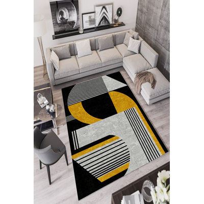 Tapis noir de qualité supérieure, 4,6 x 7,2 pieds | 100% polyester, 650 g / m², hauteur des poils de 0,2 po | Pois en PVC lavable à la machine, antibactérien, écologique et antidérapant | Ajout élégant pour le décor du salon et de la chambre à coucher