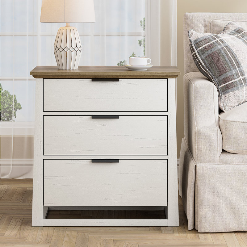27" End Table with Storage for Living Room, 3 Drawer Sofa Side Table for Office, White