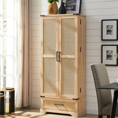 72" Tall Rattan Kitchen Pantry Cabinet With Drawer, Boho Storage Cabinet With 2 Rattan Doors And Shelves, Versatile Large Cabinet For Dining Room, Bathroom, Living Room, Laudry, Natural Oak