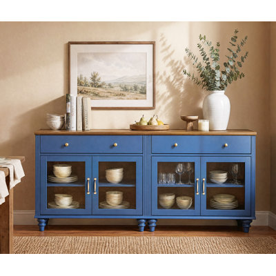 Scarlett Buffet Cabinet With 4 Glass Doors, Modern Coffee Bar Table With Drawer, Wooden Kitchen Storage Cabinets, Farmhouse Sideboard Credenza For Dining Room, Blue, 68"