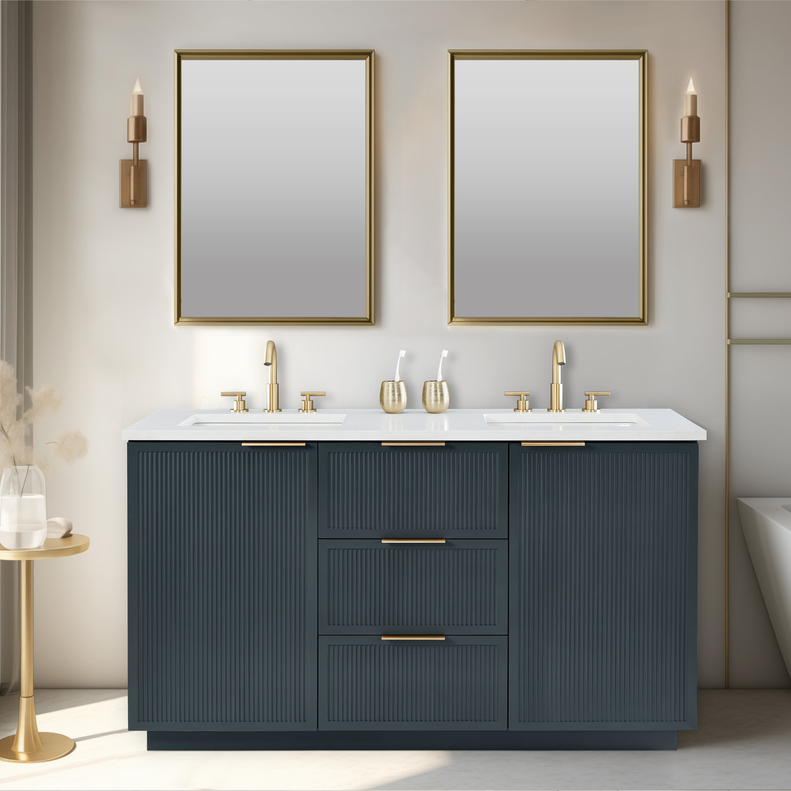 Aderyn 60" Pine Double Bathroom Vanity, Vintage Blue/Brushed Bronze