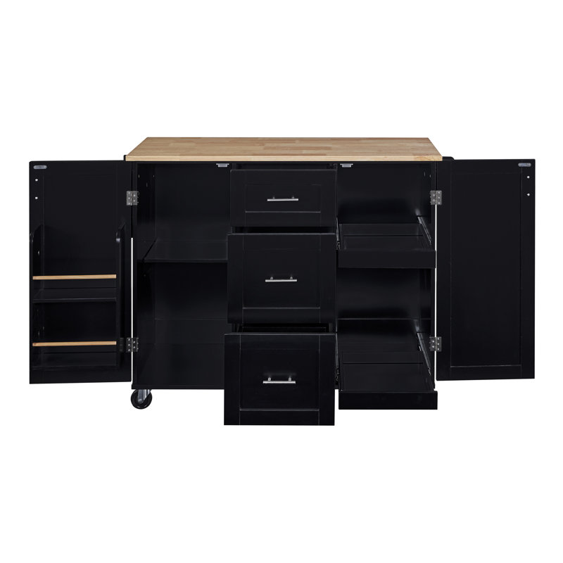 Îlot de cuisine roulant avec rangement, chariot de cuisine avec plateau en bois d'hévéa, 3 tiroirs, 2 tablettes coulissantes et support de rangement interne, îlot de cuisine sur roulettes avec support à épices et support à tour, noir