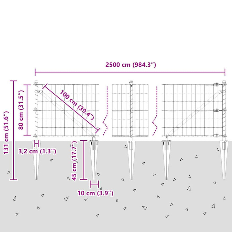 Vidaxl Fence With Posts Steel, Grey, 80cm H x 2500cm W x 3.2cm D