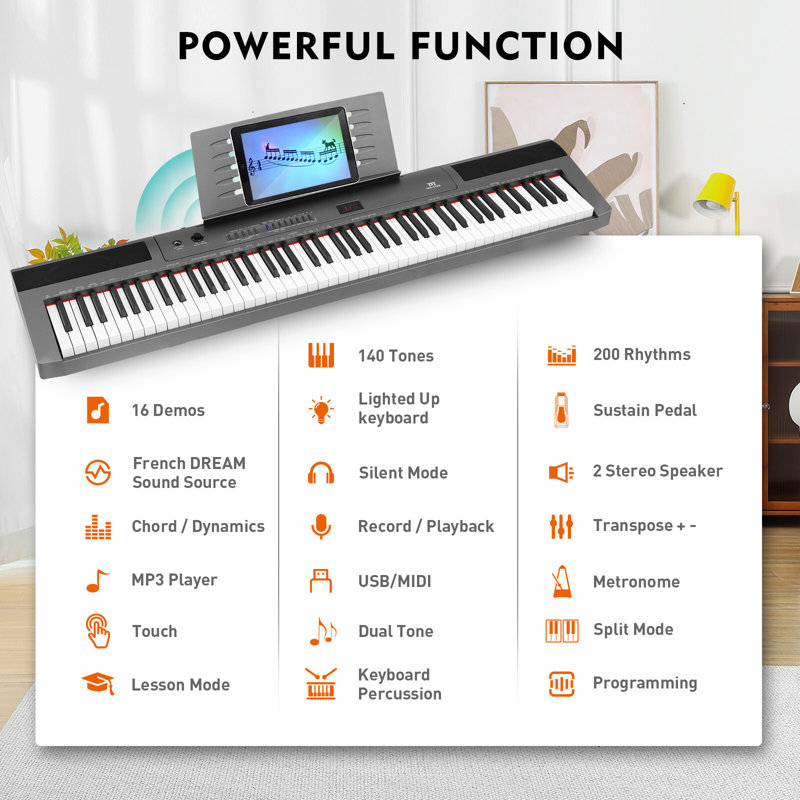 Gray 88 Key Full Size Electric Piano Keyboard Semi Weighted For Beginners, 88 Key Weighted Keyboard Piano With Stand