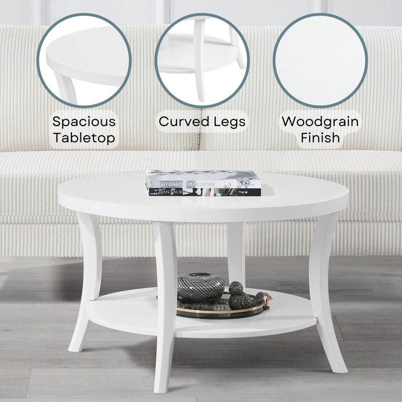 Dinh Round Coffee Table with Shelf, White