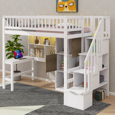 Lit surélevé en bois pour lit simple avec bureau, éclairage à DEL, supports de rangement et armoires