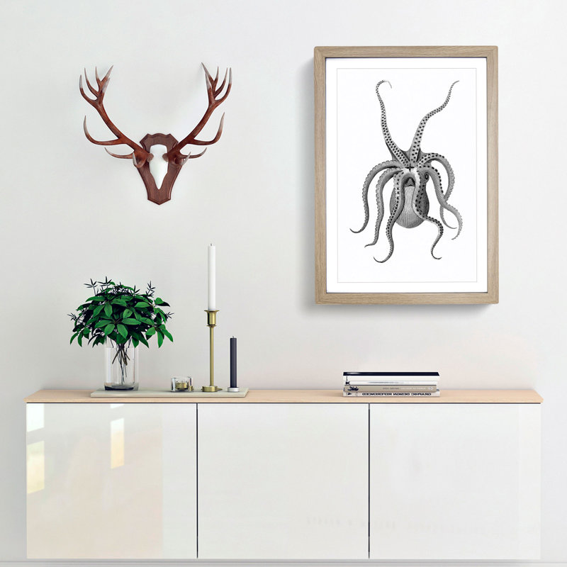 An Octopus in Black & White by George Shaw - Framed Print, Oak, 60cm H x 40cm W x 2cm D