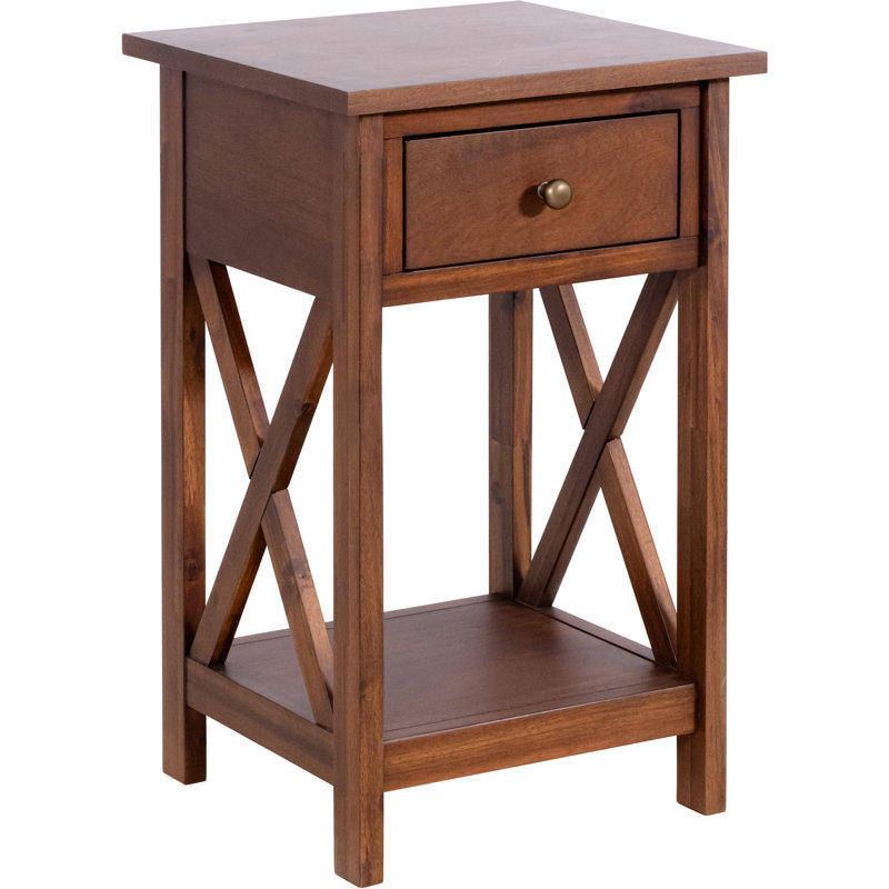 Brookstonval Square Solid Hardwood X-Side End Table Side Table with Drawer and Storage Shelf, Coffee, Coffee