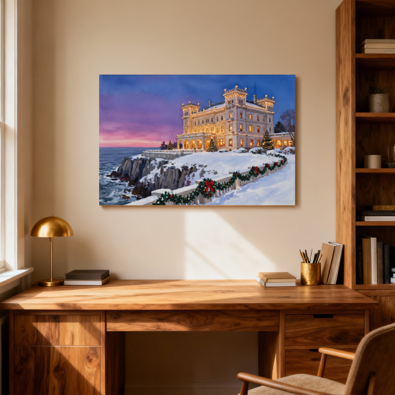 Paysage de Noël du château de Noël enneigé, H 20 po x l 30 po