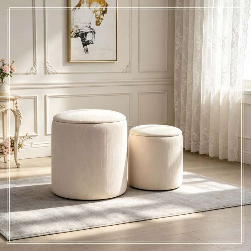 Ensemble de 2 tabourets de rangement en velours côtelé, repose-pieds avec couvercle en bois amovible et espace de rangement caché