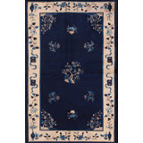 Antique Navy Blue Open Field Floral Tree Medallion Chinese Peking Rug