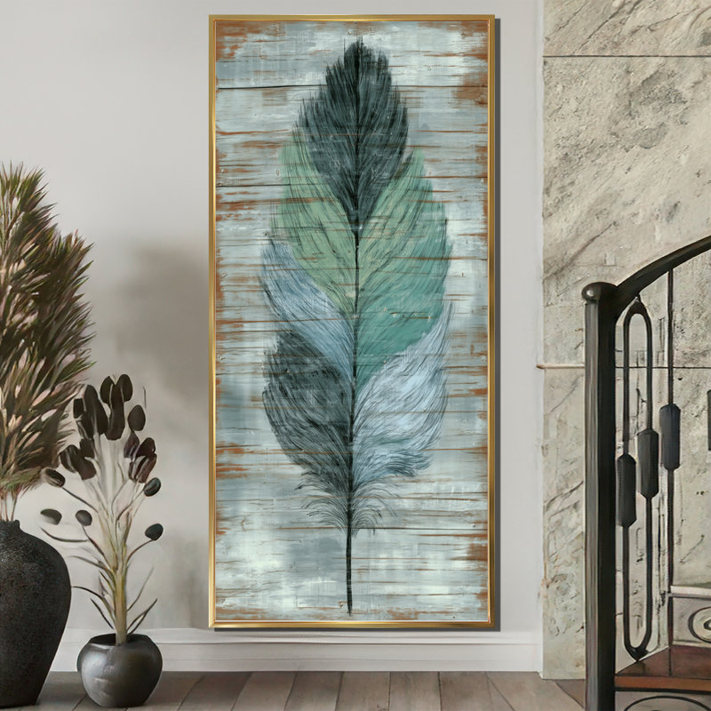 «Boho Wood Texture Feather», reproduction d'art sur toile, Boho, H 60 po x l 28 po, Cadre flottant, Doré