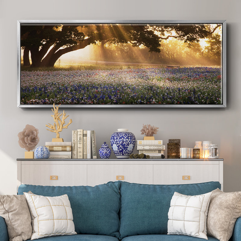Morning Meadow - reproduction à cadre flottant, H 20 po x l 50 po x P 1,5 po, Argent
