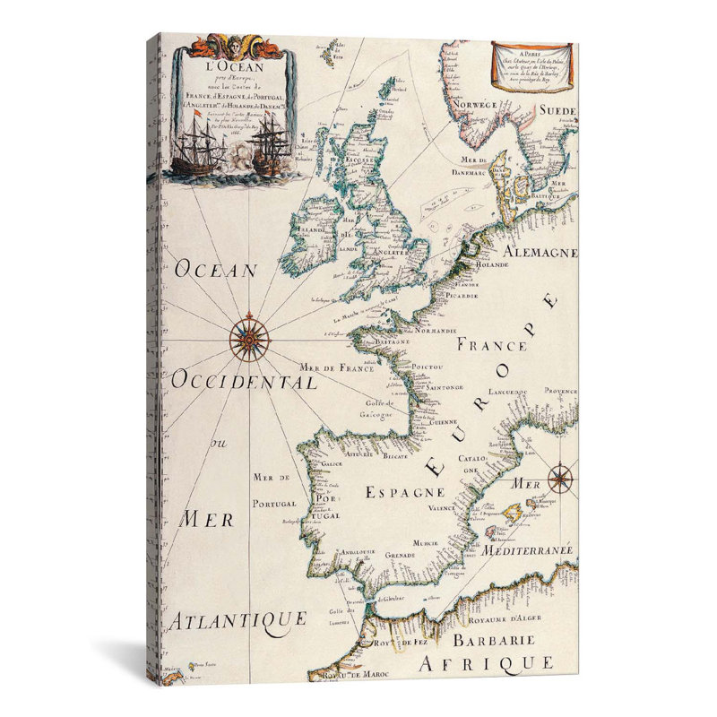 Ancienne carte de l'Europe de l'Ouest antique - Estampe numérique sur toile tendue avec châssis, H 12 po x l 8 po x P 0,75 po