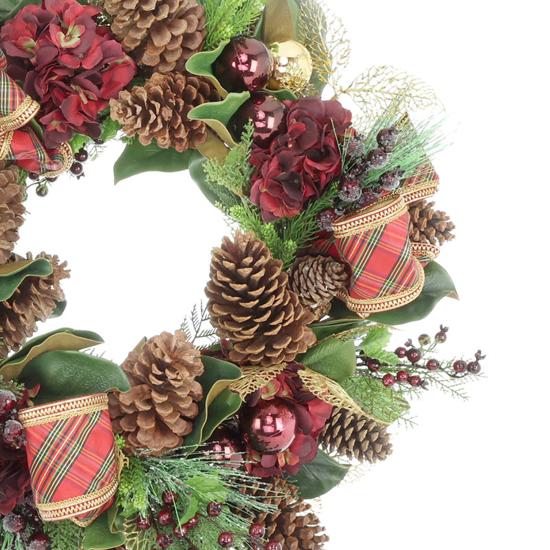 32'' Holiday Wreath with Hydrangeas, Pine Cones and Bows