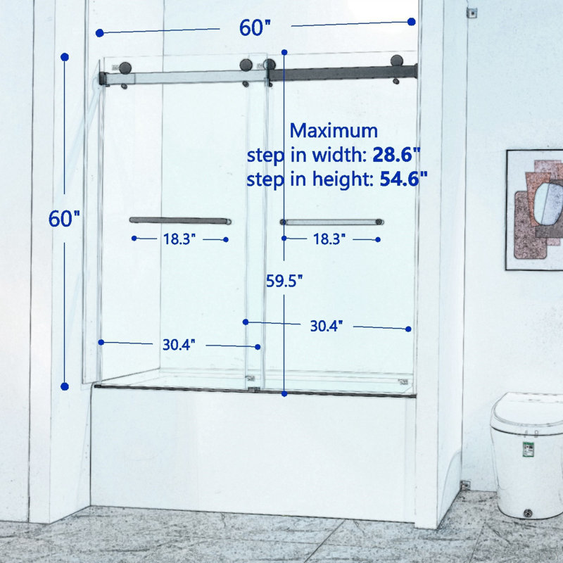 56-60"W X 60"H Frameless Double Sliding Tub Shower Door, 304 Stainless Steel In Matte Black, 5/16" (8Mm) Thick SGCC Tempered Clear Glass.
