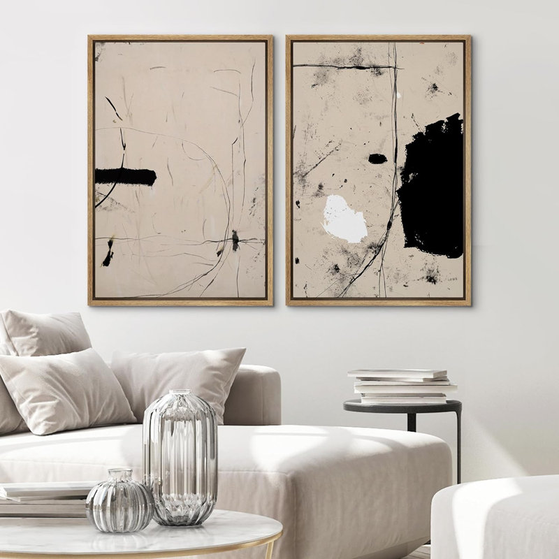 Reproduction d'art moderne minimaliste noir et brun clair Mid Mid Century, Reproduction avec cadre flottant, Naturel