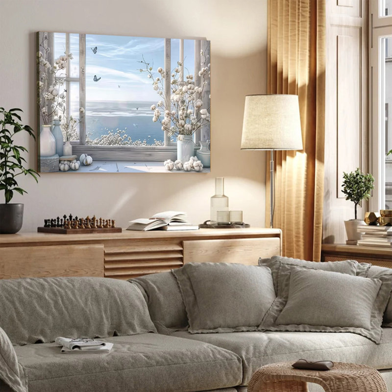 Cette peinture sur toile encadrée dépeint une magnifique vue sur la côte depuis une fenêtre, 16 x 24 pouces