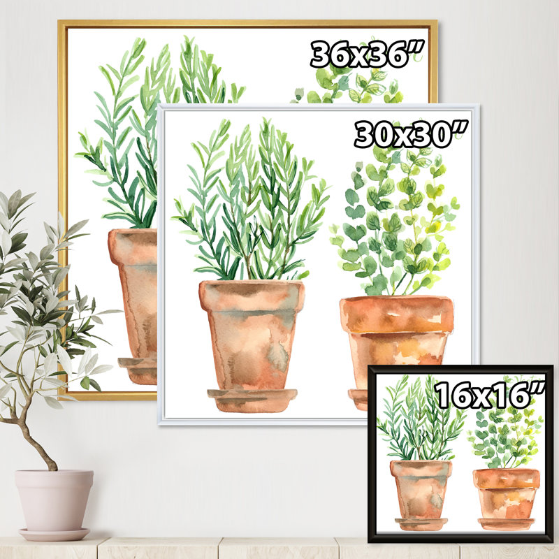 Deux plantes vertes dans des pots de fleurs orange - peinture sur toile, H 36 po x l 36 po x 1,5 po, Cadre flottant noir