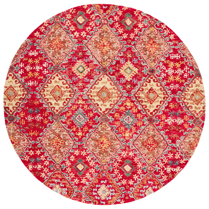 Tapis en laine / coton touffeté à la main en rouge / or Southwestern, Rond 7 pi