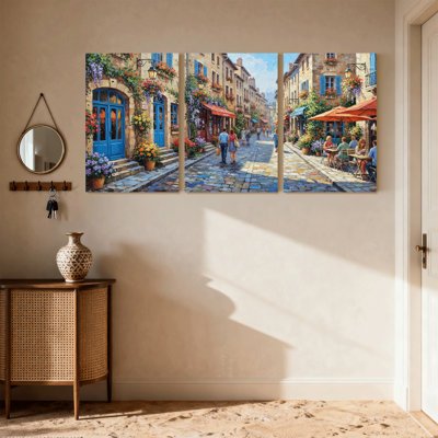 Scenic &Cityscapes Charming European Street Scene With Flowers And Cafes Set of 3 Canvas Wall Art Prints
