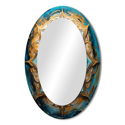 Divine Mandala In Vintage Gold And Turquoise I - Bohemian Oval Wall Mirror