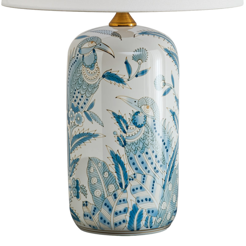 Modern Blue Glaze Table Lamp With Linen Shade For Living Room, Bedroom & Office Décor
