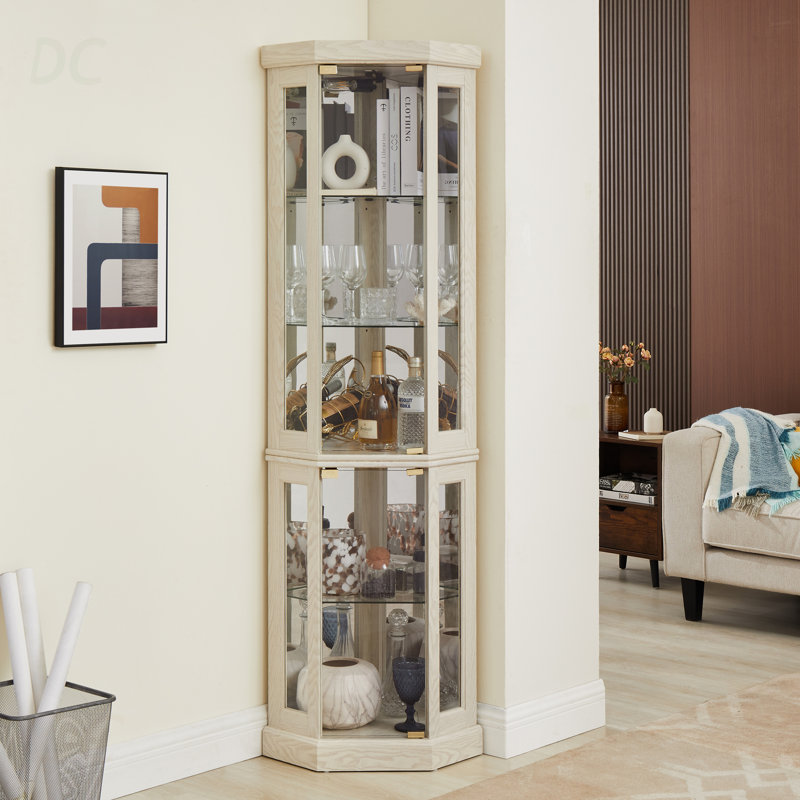 Vitrine de coin lumineuse - Vitrine pour le salon, objets de collection antiques, rangement pour le vin et le bar - Design élégant d'angle avec lumières incluses - blanc, buffet