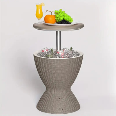 Table d'appoint à hauteur réglable pour refroidisseur de glace d'extérieur - Seau à boissons en rotin de 8 gallons avec bouchon de vidange, table de bar pour les fêtes au bord de la piscine, sur la terrasse et dans la cour arrière