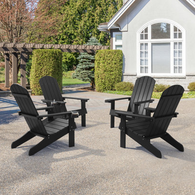 4-Pcs Patio Adirondack Single Chair w/Cupholder Outdoor Chair for Fire Pit, Polywood Plastic Weather-Resistant Recliner by Hokku Designs
