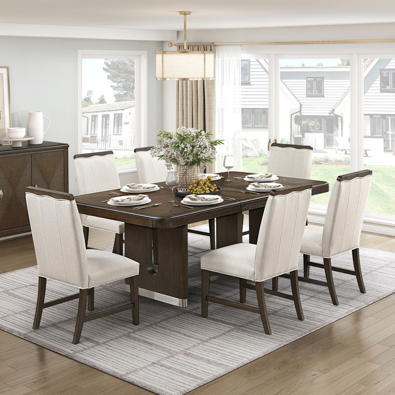 Table de salle à manger moderne avec finition brun et table d'appoint extensible avec chaises d'appoint beige