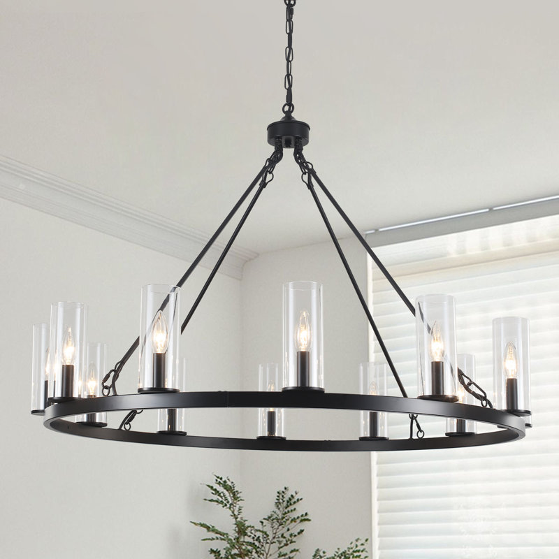 12 - Light Dimmable Wagon Wheel Chandelier With Clear Lampshade, Matte Black