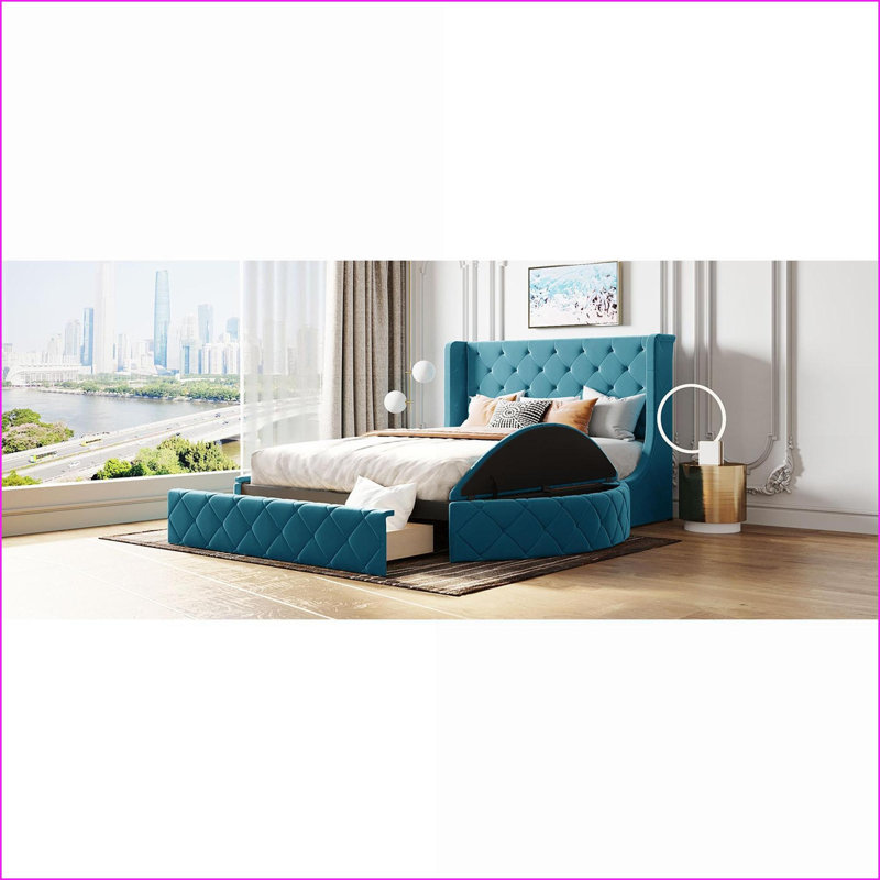 Grand lit plateforme tapissier en velours avec tiroir de rangement Tabourets, tête de lit à oreilles, bleu pour la chambre principale