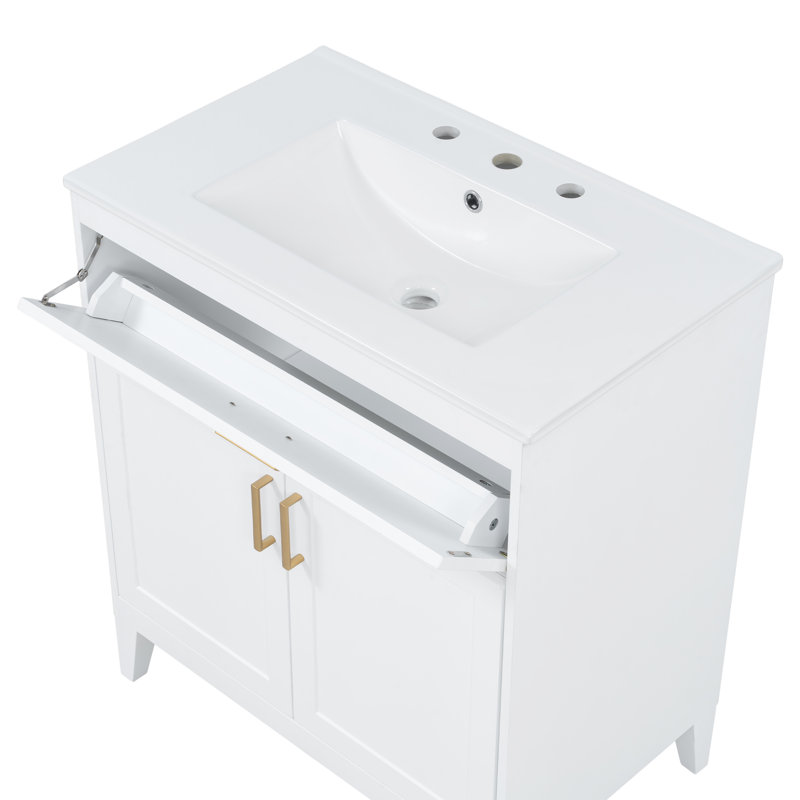 Meuble-lavabo moderne Yelton de 76 cm de large en bois avec lavabo en céramique, rangement à fermeture douce et tablette réglable pour salle de bain