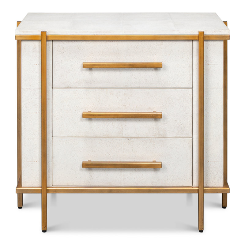 Blakely White Shagreen Leather 3-Drawer Nightstand with Gold Accents