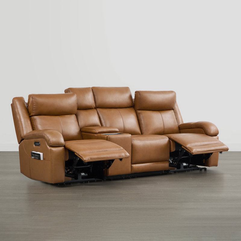 Zachery Genuine Leather Power Reclining Sofa with Multifunctional Console, 3, Saddle Brown