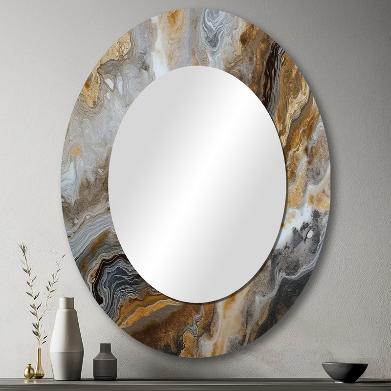 Or et gris effet marbre I - décor de miroir mural ovale doré, 43 po x 33 po