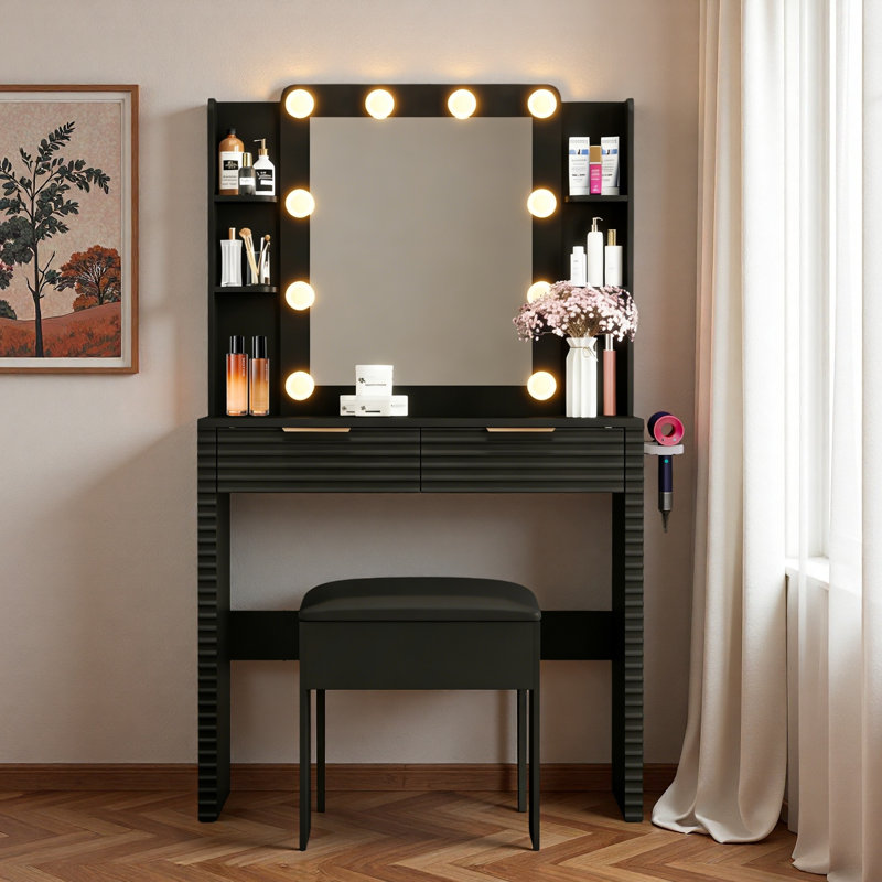 Meuble-lavabo noir avec lumières Hollywood, coiffeuse avec station de charge, tiroirs, tablettes et tabouret de rangement | Idée de cadeau