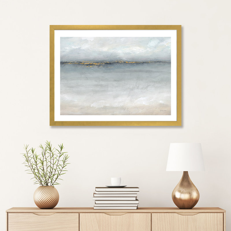 «Serene Sea Grey Gold Landscape» - reproduction, Papier doré, H 16 po x l 24 po x P 1 po